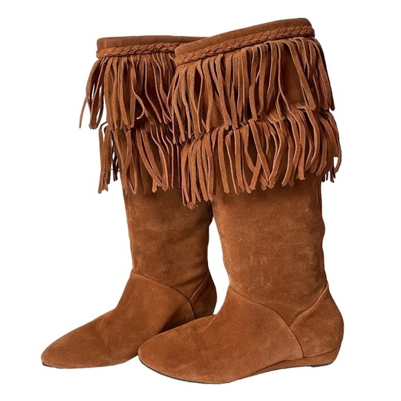 Gianni Bini women’s cognac suede fringe flat wedge ankle pull on boots sz 6.5 M - Picture 6 of 9